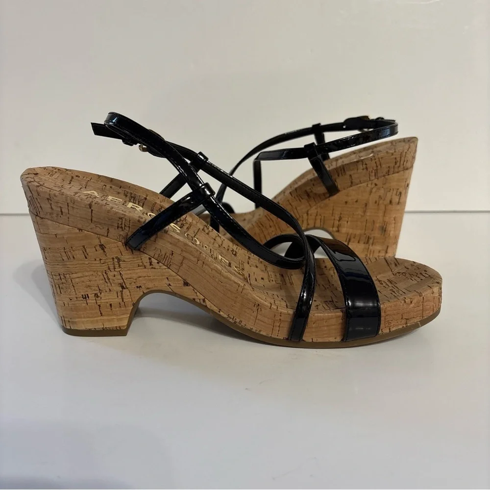 AEROSOLES Black Patent Cork Footbed Strappy Sandals